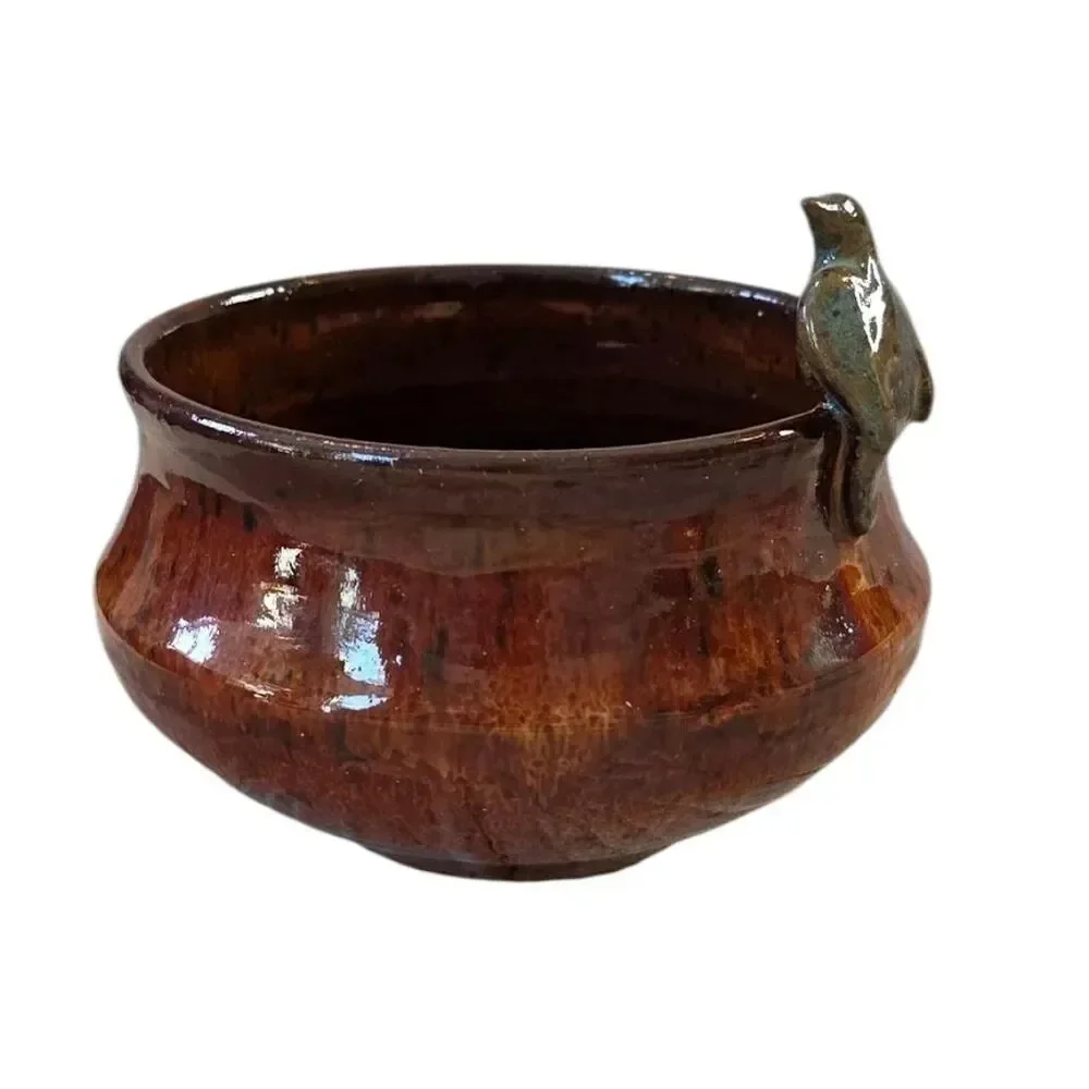 Handcrafted Brown Ceramic Bowl With Bird Accent